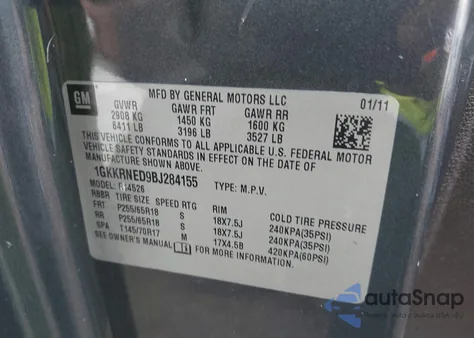 2011 GMC Acadia Sl z USA, uszkodzony, nr VIN 1GKKRNED9BJ284155